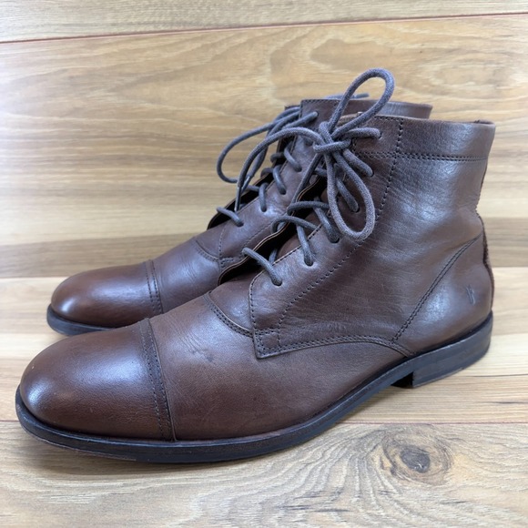 FRYE Brown Leather Lace up Boots Mens 8 Cap Toe